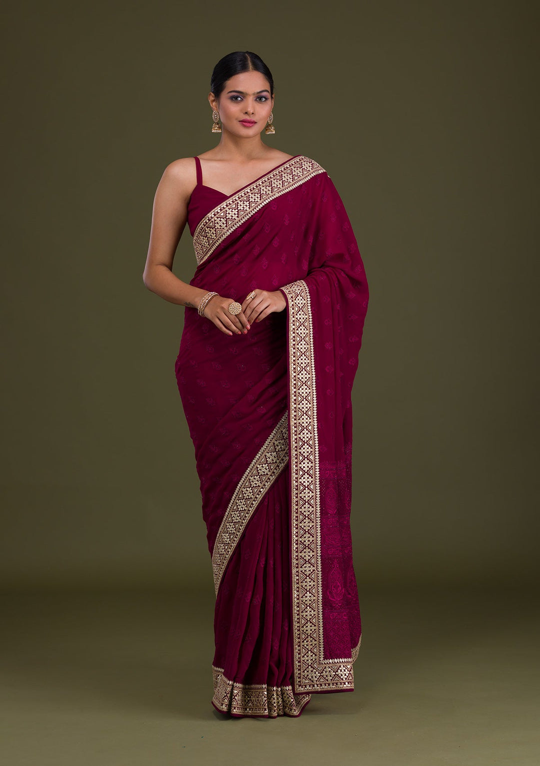Wine Gotapatti Georgette Unstitched Saree-Koskii