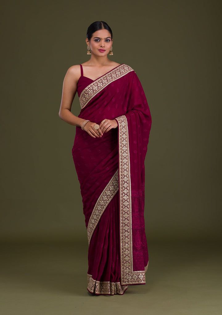 Wine Gotapatti Georgette Unstitched Saree-Koskii