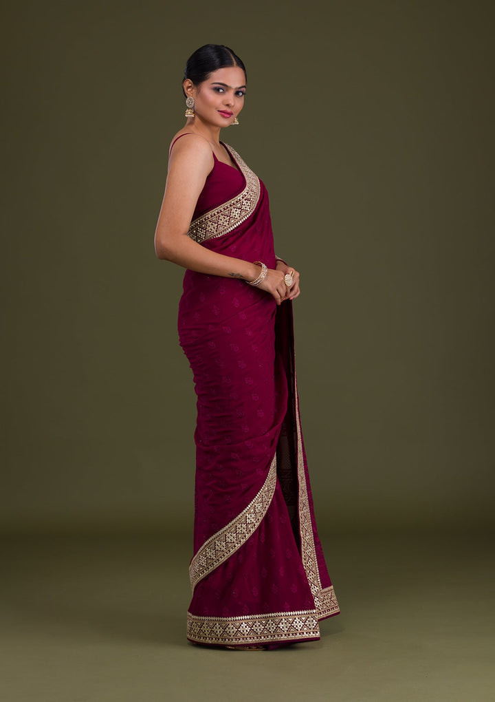 Wine Gotapatti Georgette Unstitched Saree-Koskii