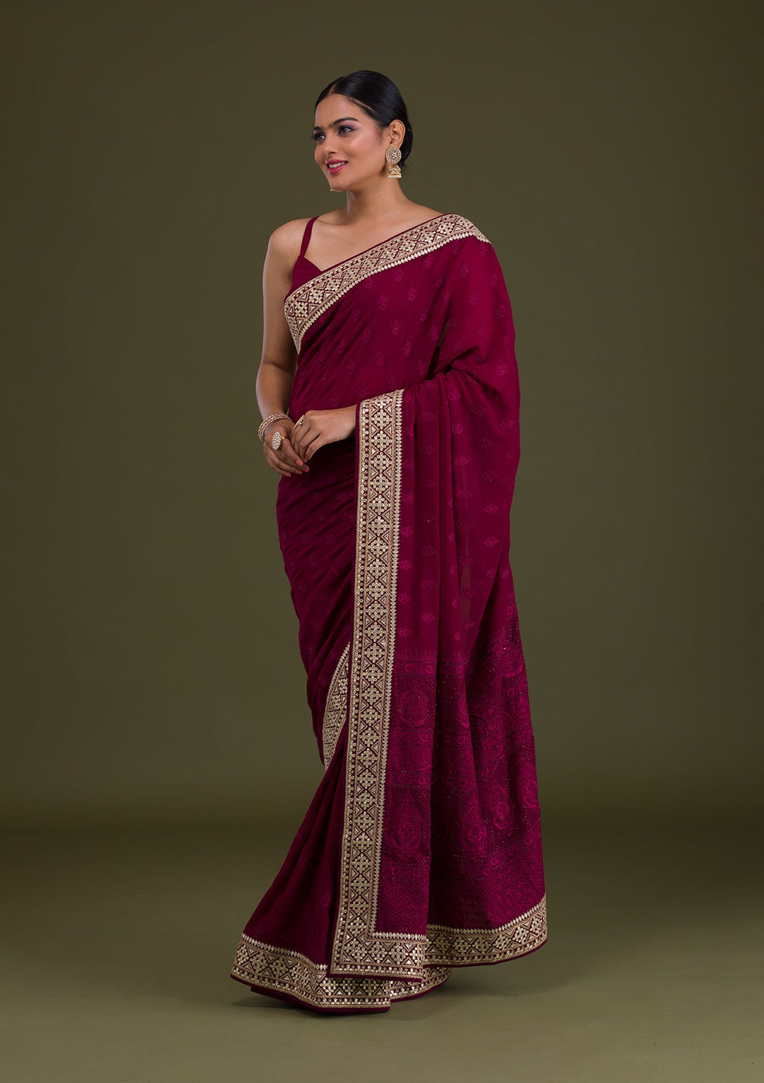 Wine Gotapatti Georgette Unstitched Saree-Koskii