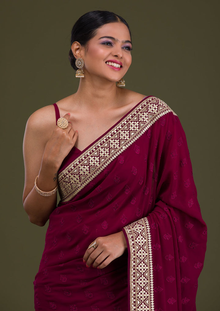 Wine Gotapatti Georgette Unstitched Saree-Koskii