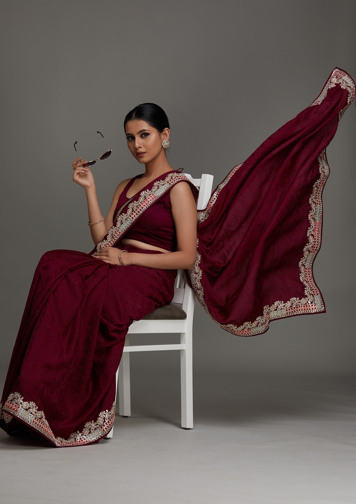 Wine Gotapatti Semi Crepe Saree- Koskii