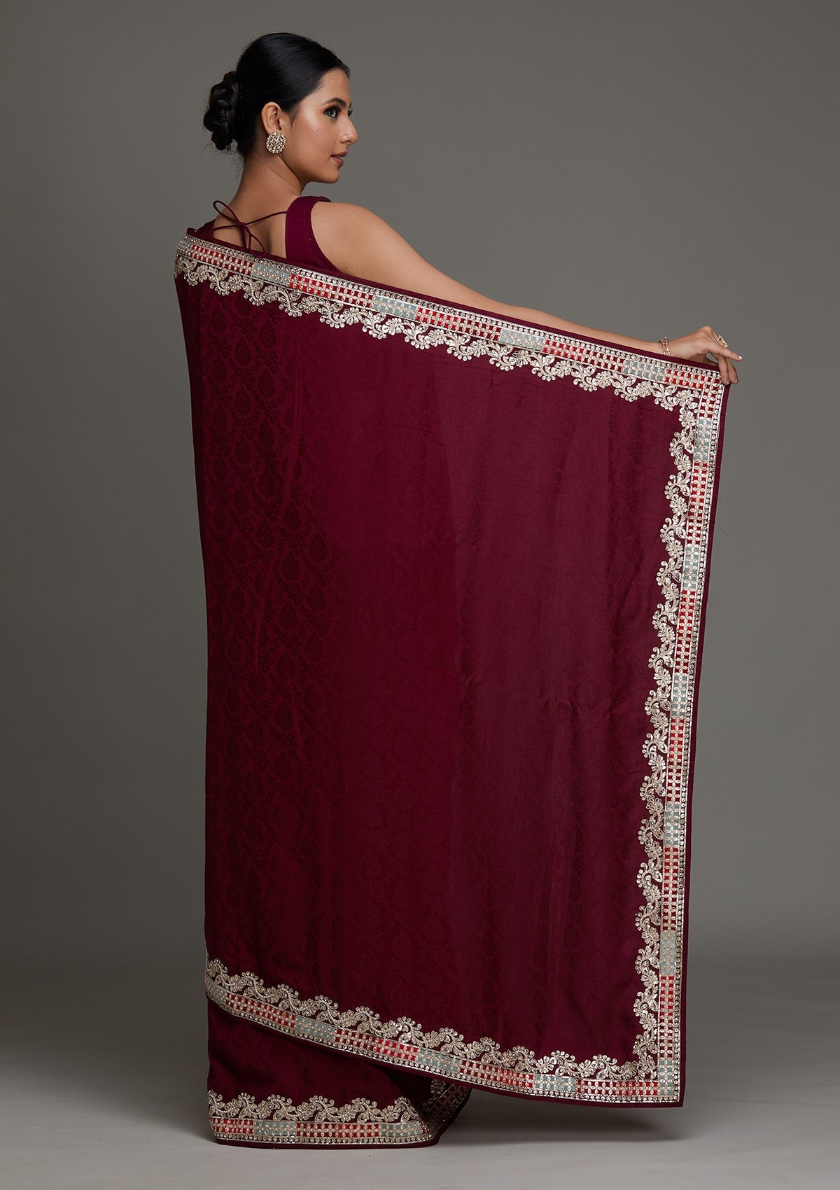 Wine Gotapatti Semi Crepe Saree - Koskii