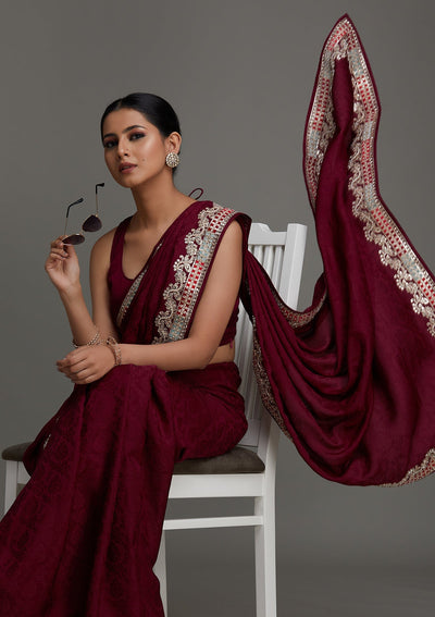 Wine Gotapatti Semi Crepe Saree - Koskii