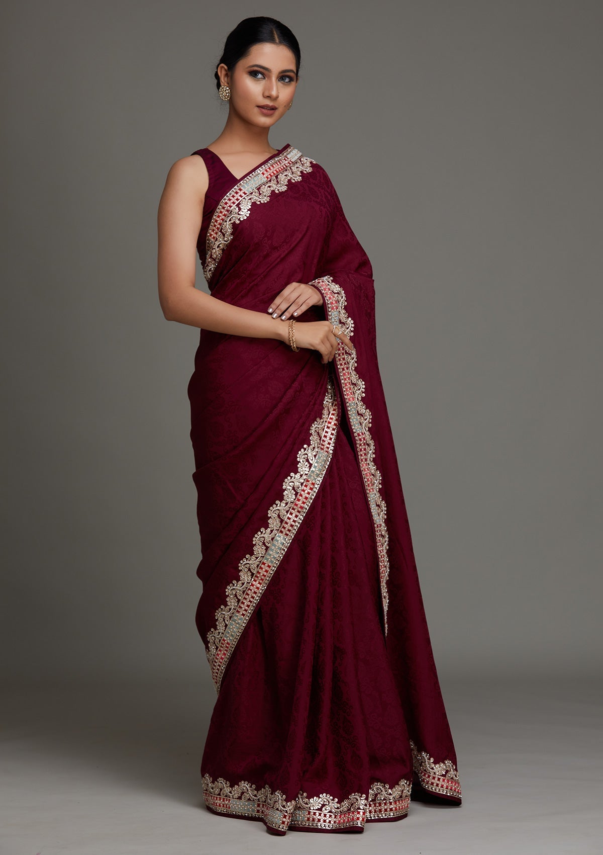 Wine Gotapatti Semi Crepe Saree - Koskii