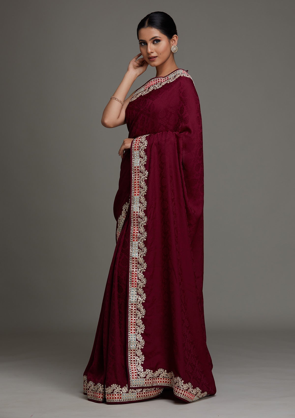 Wine Gotapatti Semi Crepe Saree - Koskii