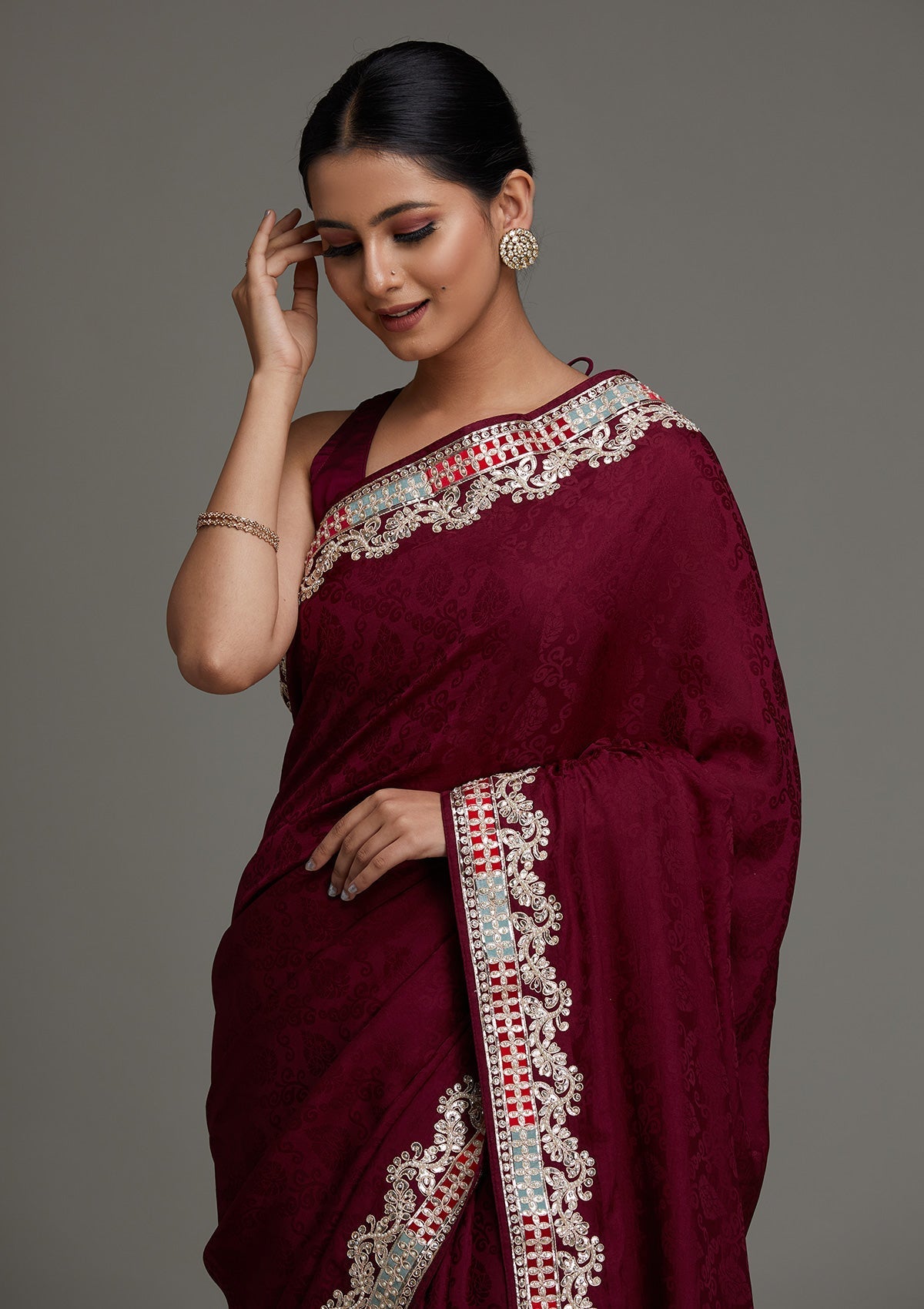 Wine Gotapatti Semi Crepe Saree - Koskii