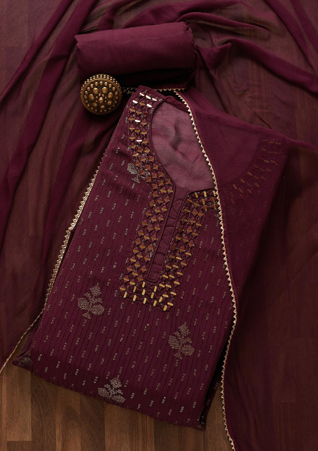 Wine Mirrorwork Georgette Designer Semi-Stitched Salwar Suit - Koskii