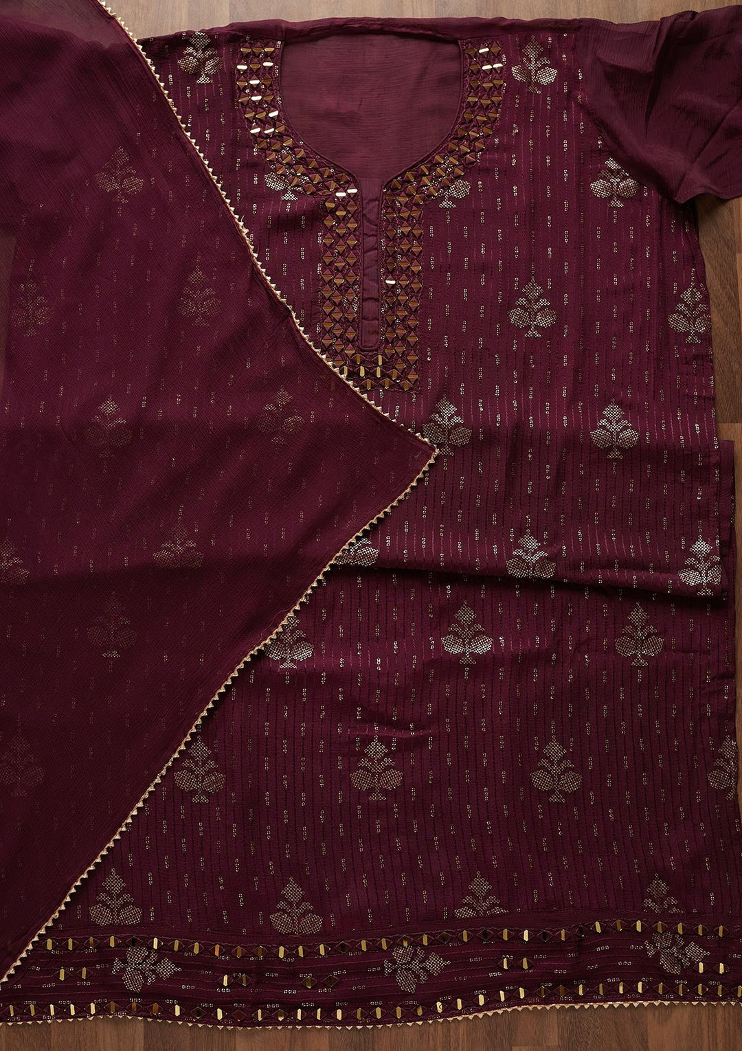 Wine Mirrorwork Georgette Designer Semi-Stitched Salwar Suit - Koskii