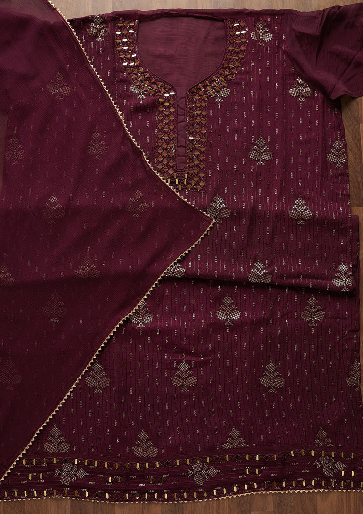 Wine Mirrorwork Georgette Designer Semi-Stitched Salwar Suit - Koskii