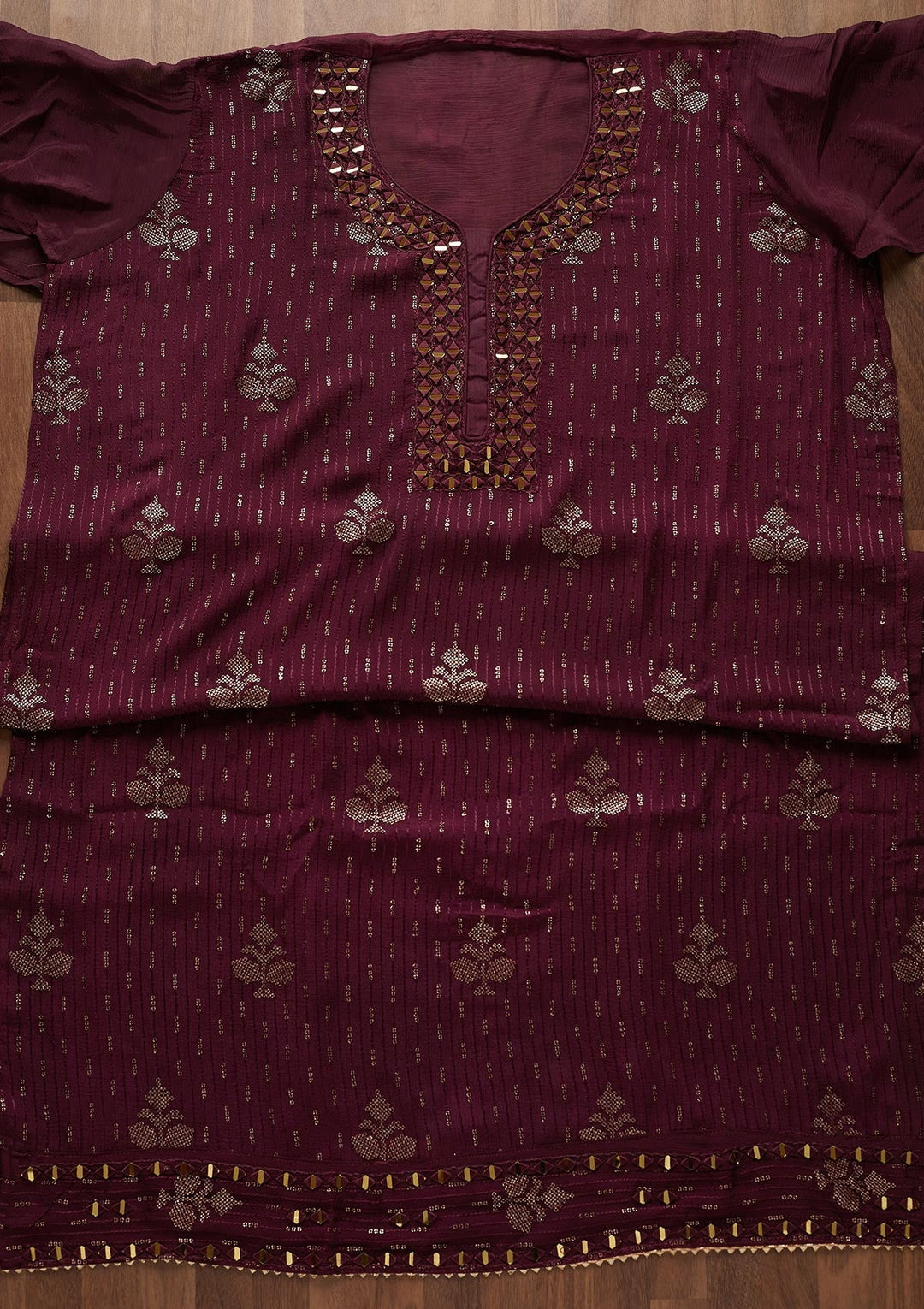 Wine Mirrorwork Georgette Designer Semi-Stitched Salwar Suit - Koskii