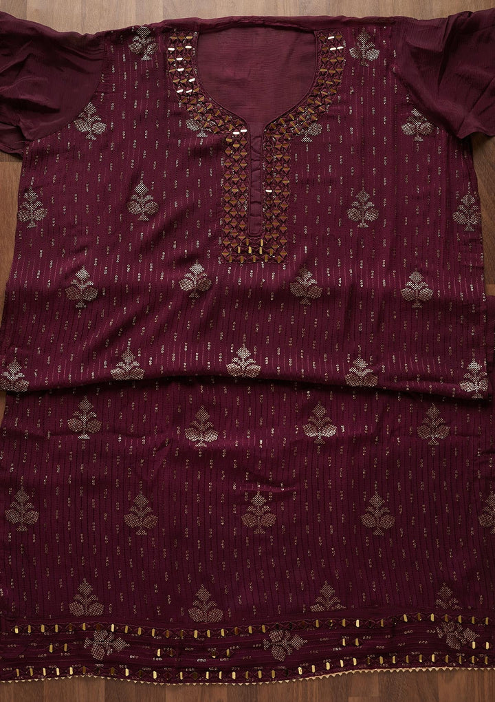 Wine Mirrorwork Georgette Designer Semi-Stitched Salwar Suit - Koskii