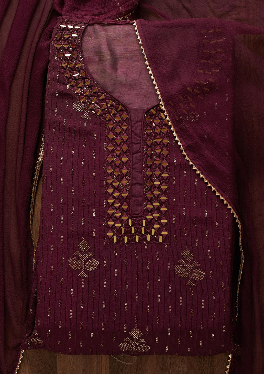Wine Mirrorwork Georgette Designer Semi-Stitched Salwar Suit - Koskii
