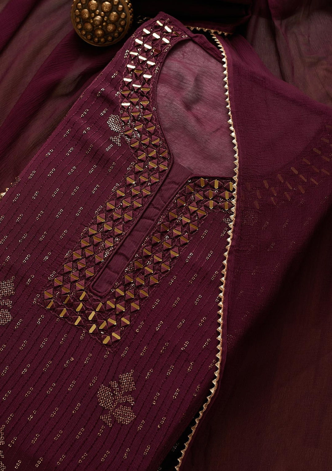 Wine Mirrorwork Georgette Designer Semi-Stitched Salwar Suit - Koskii