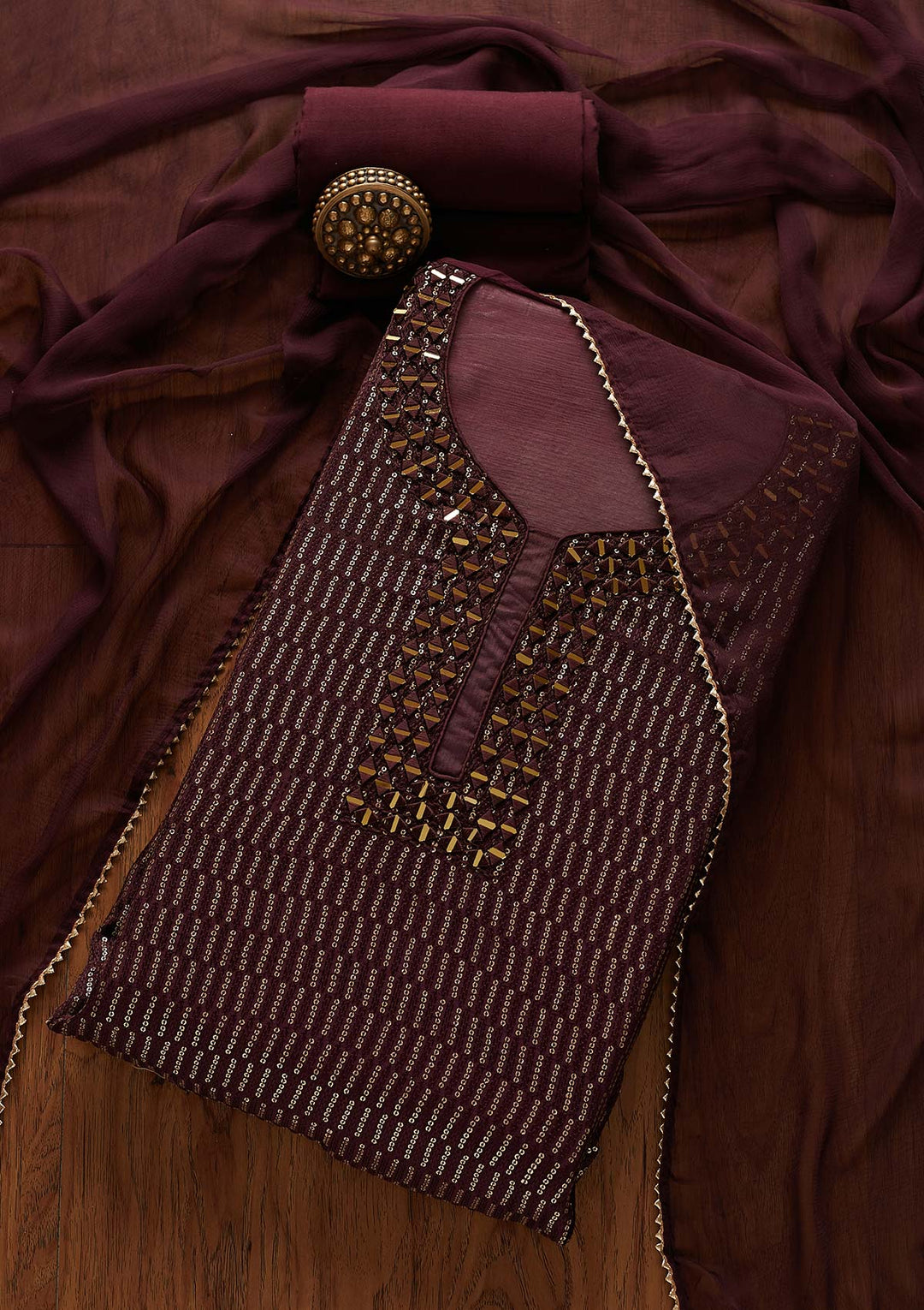 Wine Mirrorwork Semi Crepe Designer Semi-Stitched Salwar Suit - Koskii