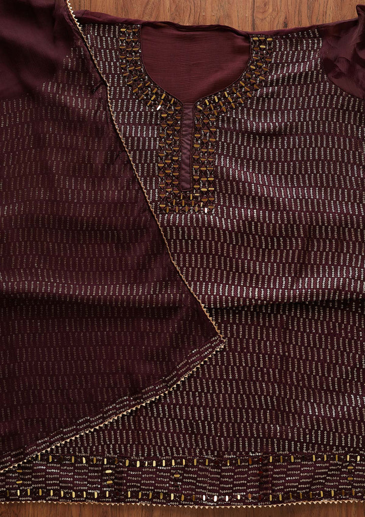 Wine Mirrorwork Semi Crepe Designer Semi-Stitched Salwar Suit - Koskii