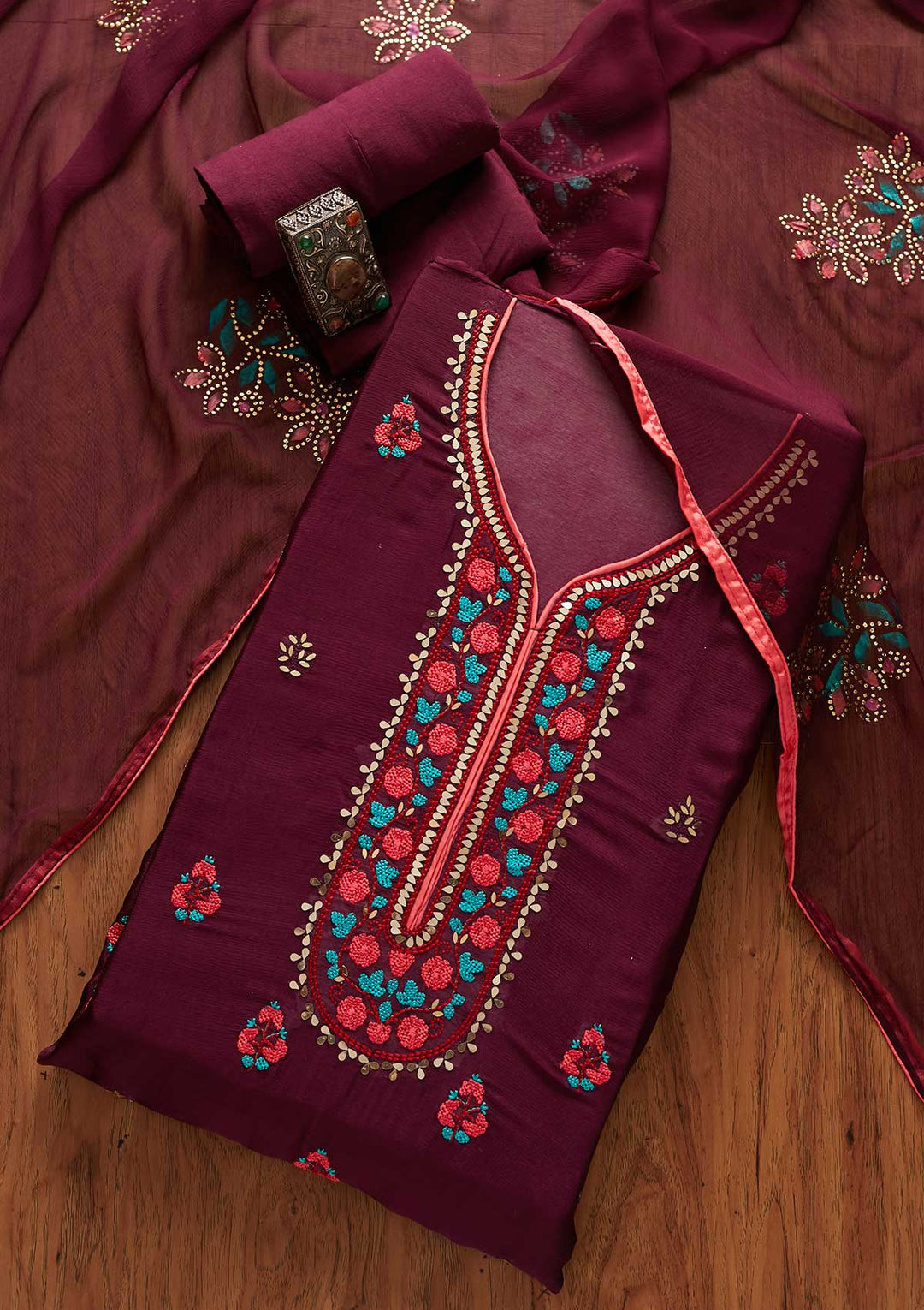 Wine Mirrorwork Semi Crepe Designer Unstitched Salwar Suit - koskii