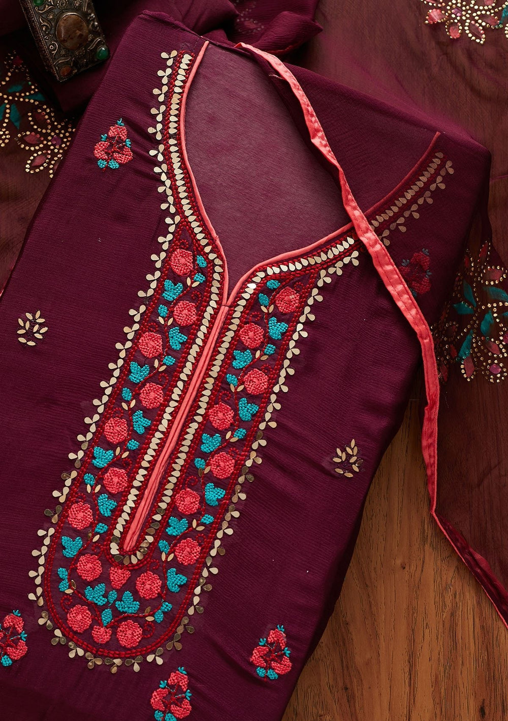 Wine Mirrorwork Semi Crepe Designer Unstitched Salwar Suit - koskii