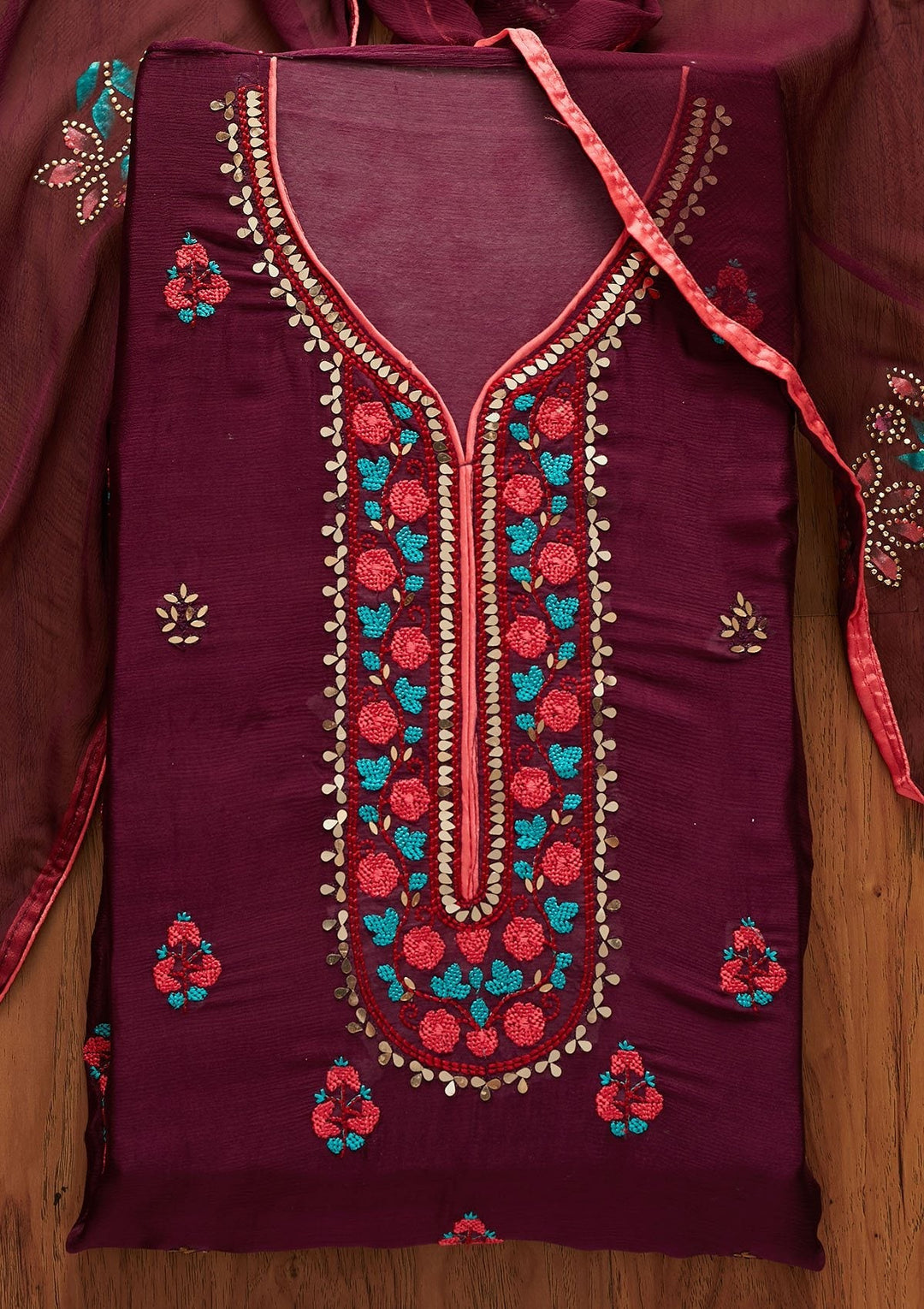 Wine Mirrorwork Semi Crepe Designer Unstitched Salwar Suit - koskii