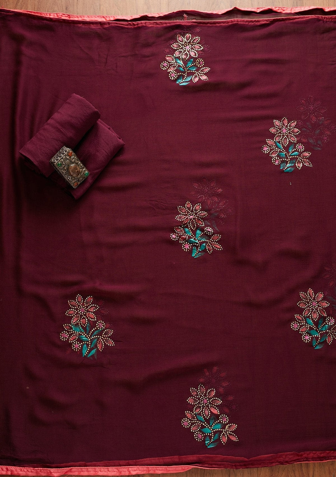 Wine Mirrorwork Semi Crepe Designer Unstitched Salwar Suit - koskii