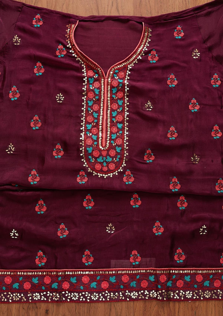 Wine Mirrorwork Semi Crepe Designer Unstitched Salwar Suit - koskii