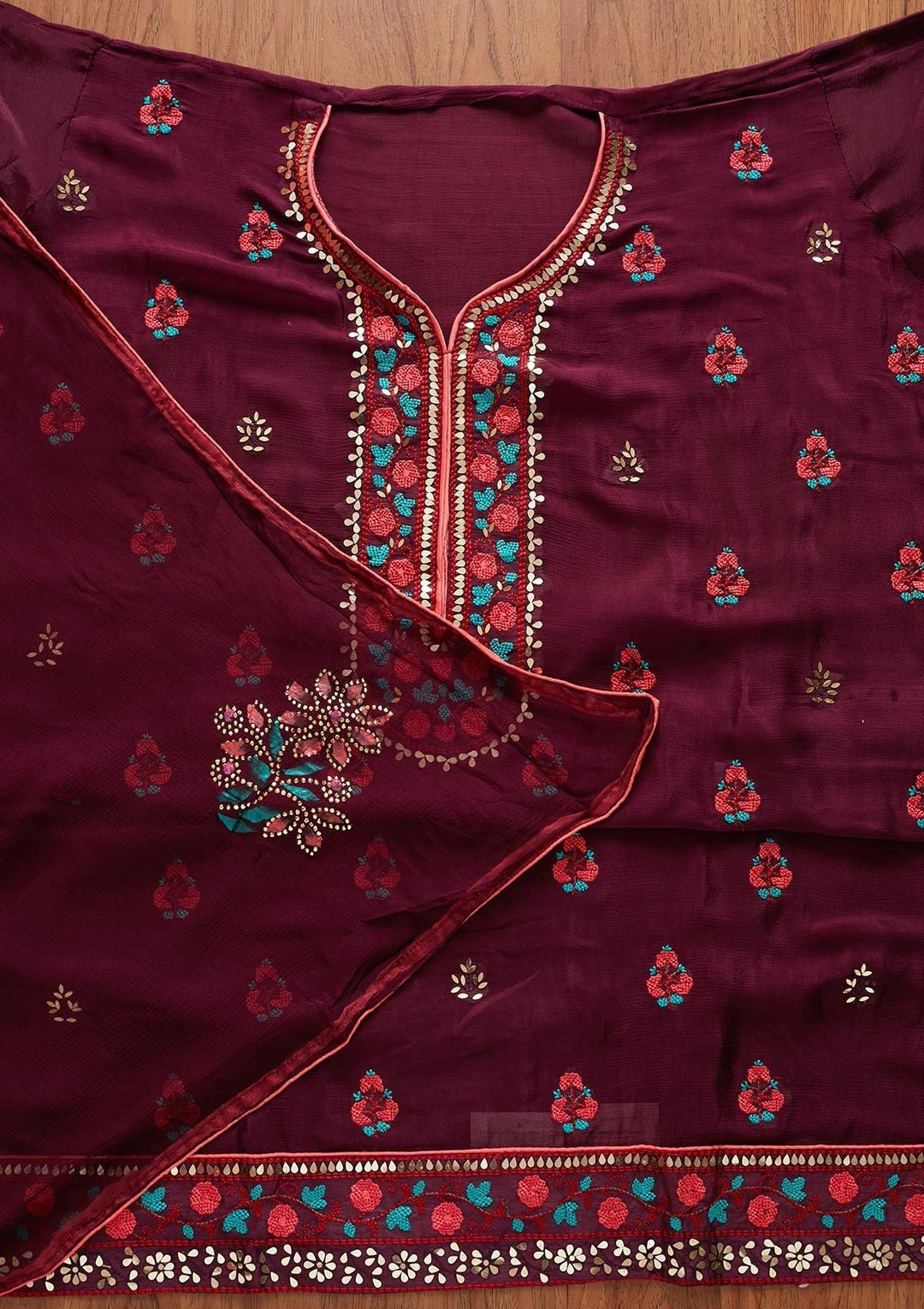 Wine Mirrorwork Semi Crepe Designer Unstitched Salwar Suit - koskii