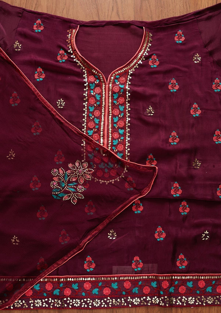 Wine Mirrorwork Semi Crepe Designer Unstitched Salwar Suit - koskii