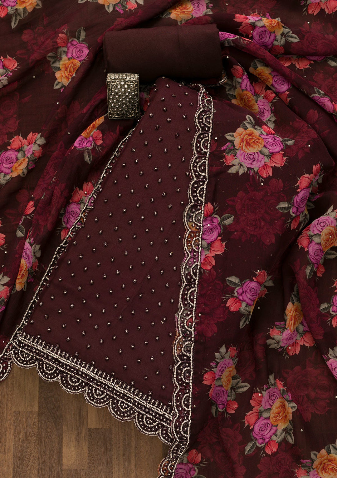 Wine Pearlwork Georgette Unstitched Salwar Kameez-Koskii
