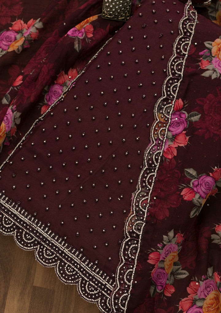 Wine Pearlwork Georgette Unstitched Salwar Kameez-Koskii