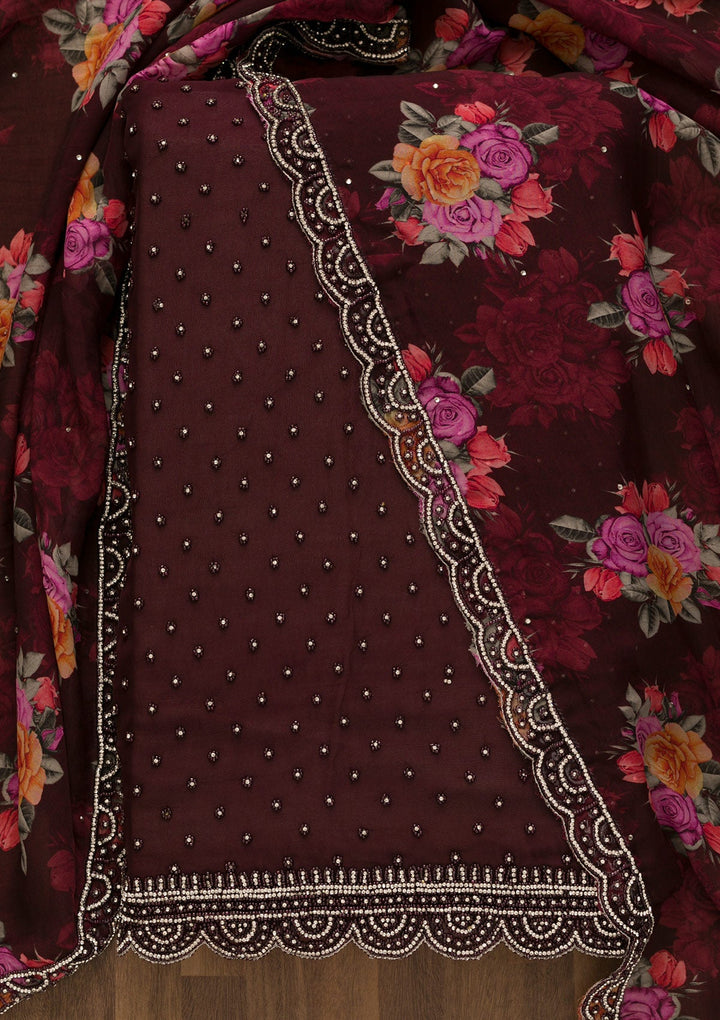 Wine Pearlwork Georgette Unstitched Salwar Kameez-Koskii
