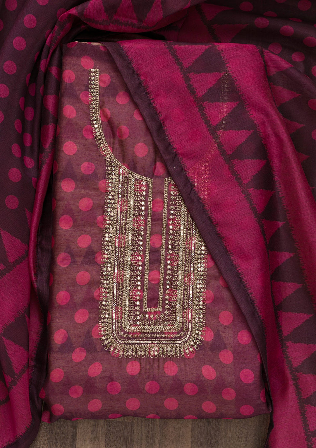 Wine Printed Art Silk Unstitched Salwar Suit-Koskii