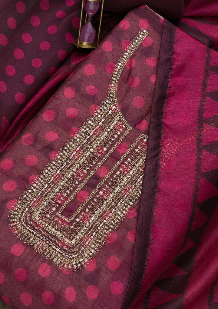 Wine Printed Art Silk Unstitched Salwar Suit-Koskii