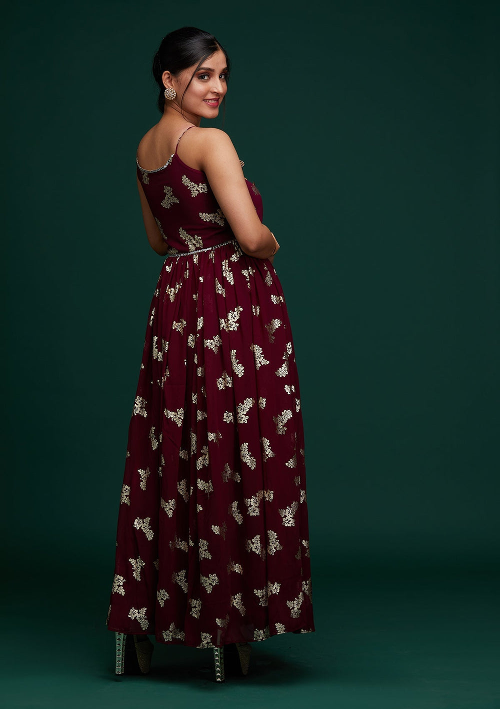 Wine Printed Georgette Designer Gown - Koskii