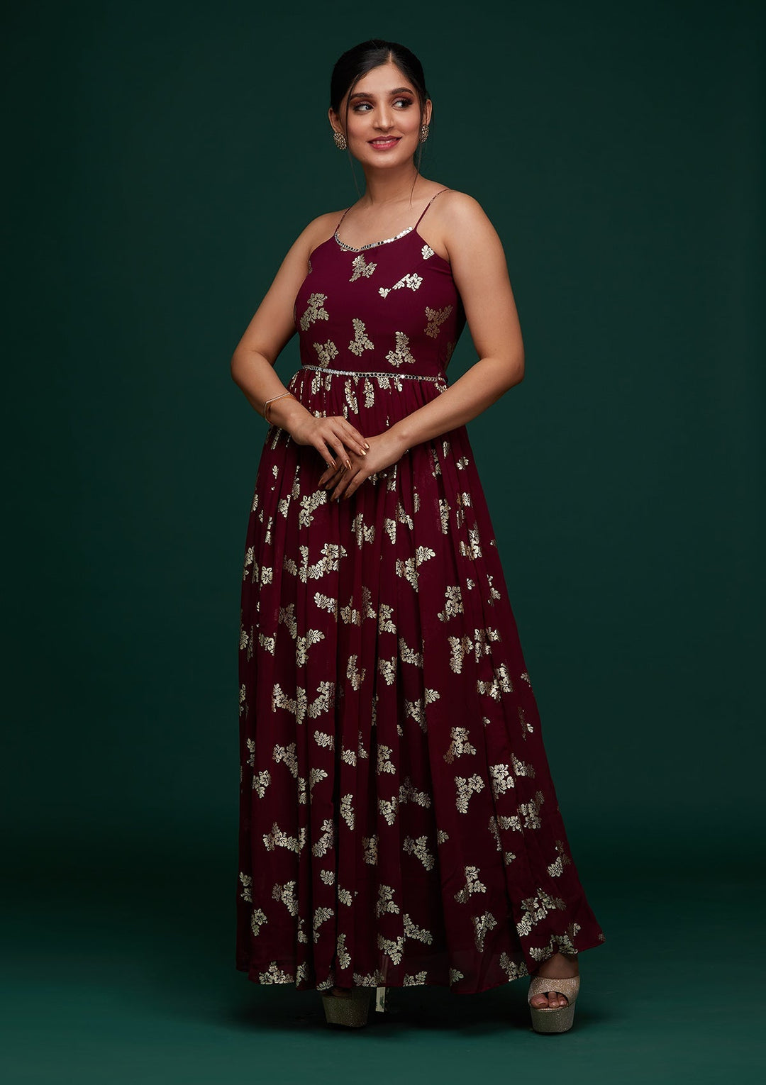 Wine Printed Georgette Designer Gown - Koskii