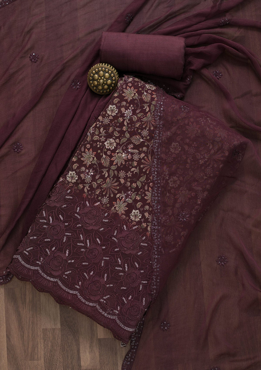 Wine Printed Semi Crepe Unstitched Salwar Suit-Koskii