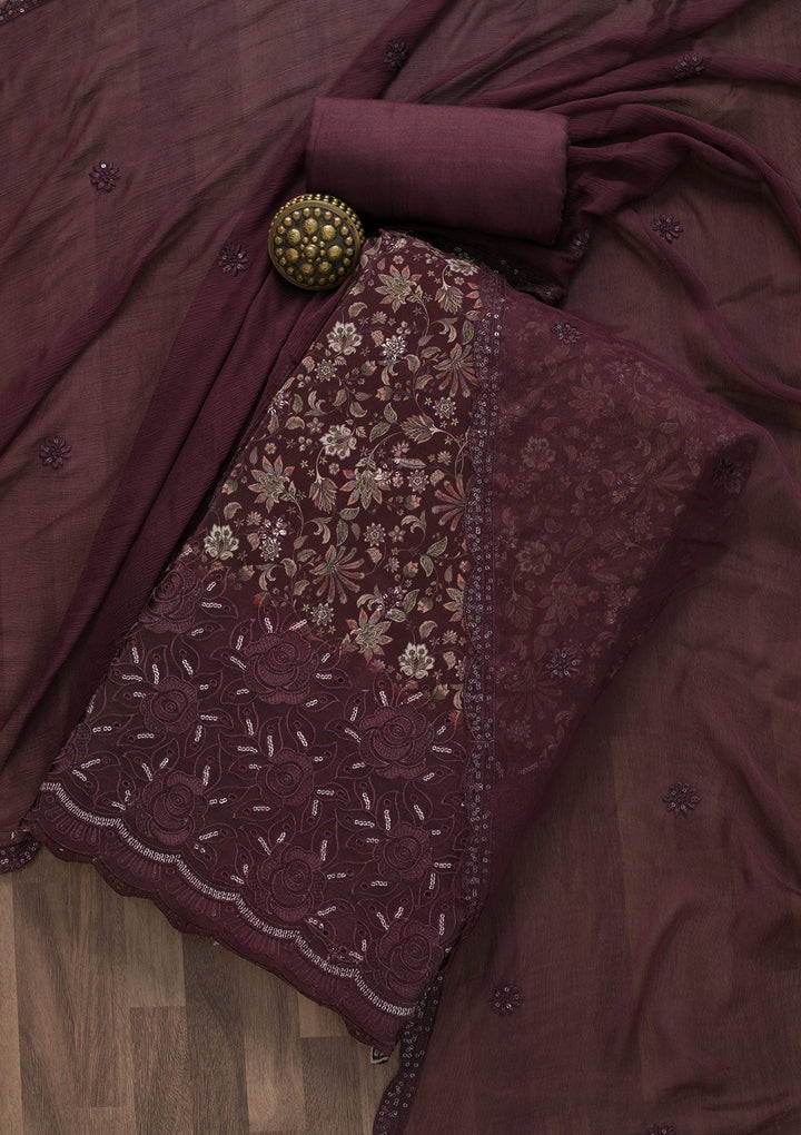 Wine Printed Semi Crepe Unstitched Salwar Suit-Koskii