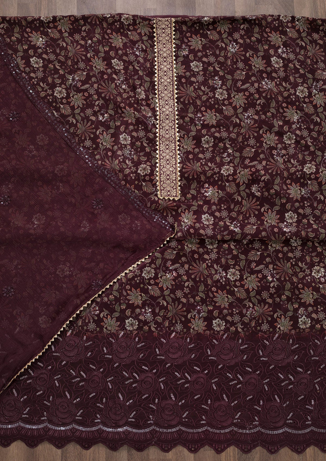 Wine Printed Semi Crepe Unstitched Salwar Suit-Koskii