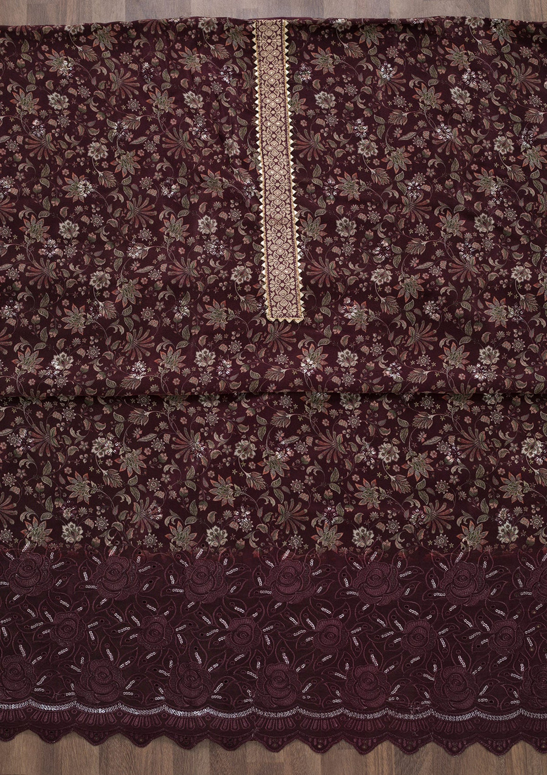 Wine Printed Semi Crepe Unstitched Salwar Suit-Koskii