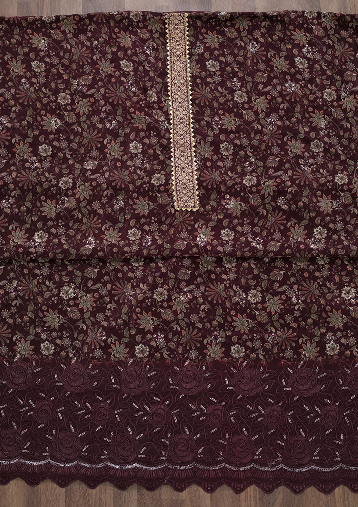 Wine Printed Semi Crepe Unstitched Salwar Suit-Koskii