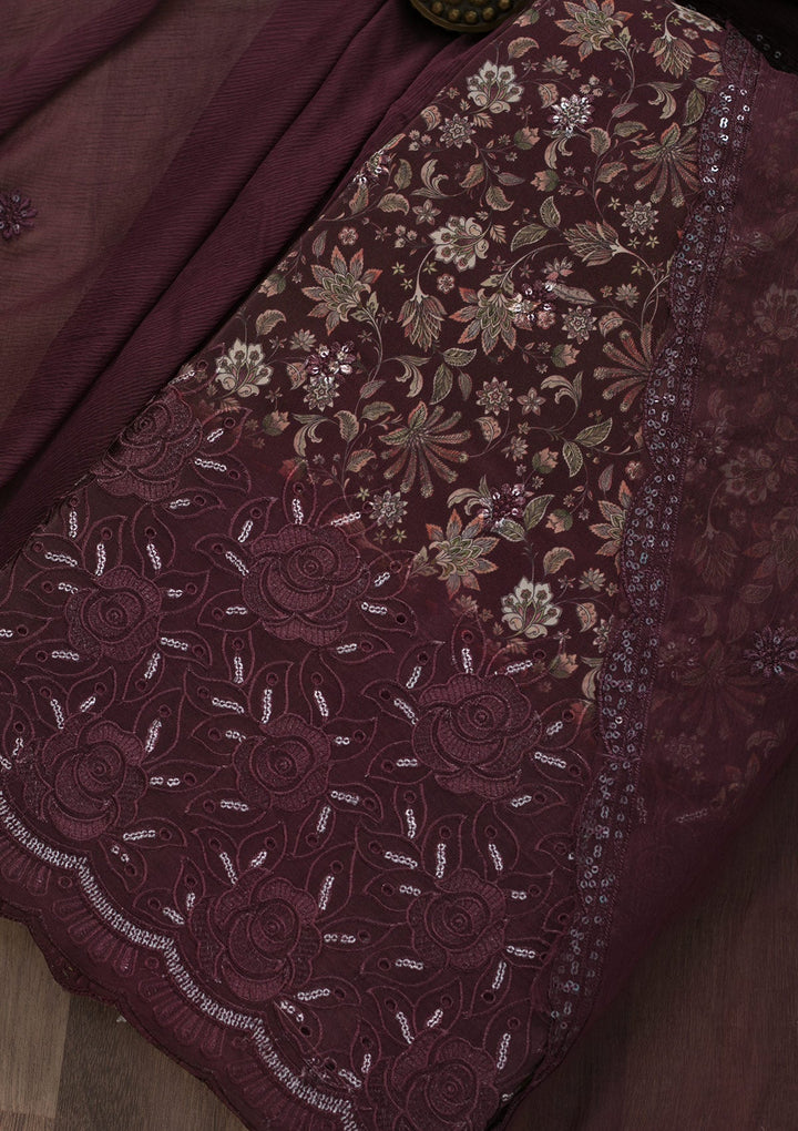 Wine Printed Semi Crepe Unstitched Salwar Suit-Koskii