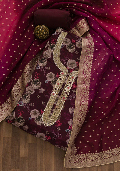Wine Printed Tissue Unstitched Salwar Kameez-Koskii