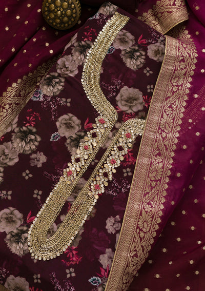 Wine Printed Tissue Unstitched Salwar Kameez-Koskii