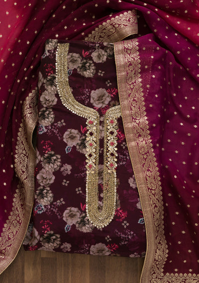 Wine Printed Tissue Unstitched Salwar Kameez-Koskii