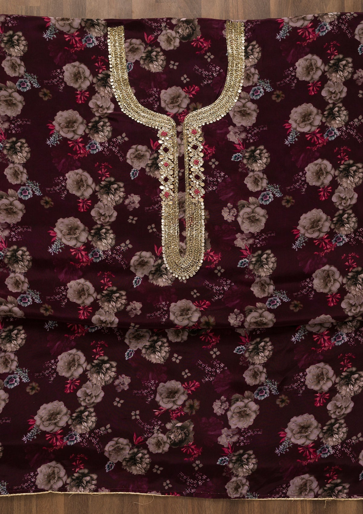Wine Printed Tissue Unstitched Salwar Kameez-Koskii