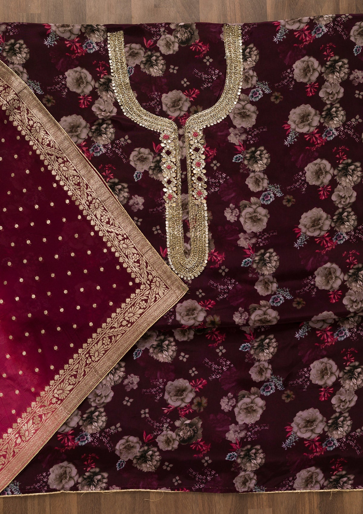 Wine Printed Tissue Unstitched Salwar Kameez-Koskii