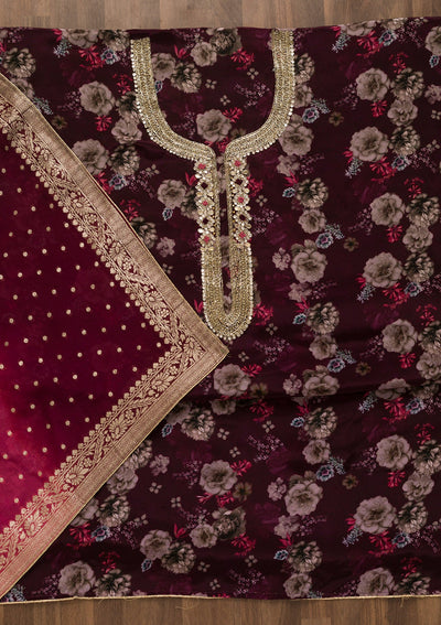 Wine Printed Tissue Unstitched Salwar Kameez-Koskii