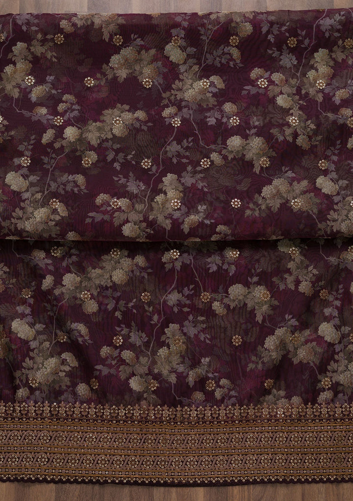 Wine Printed Tissue Unstitched Salwar Suit-Koskii