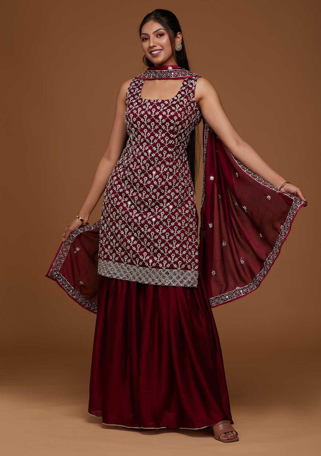 Wine Silver Zariwork Raw Silk Designer Salwar Suit-Koskii