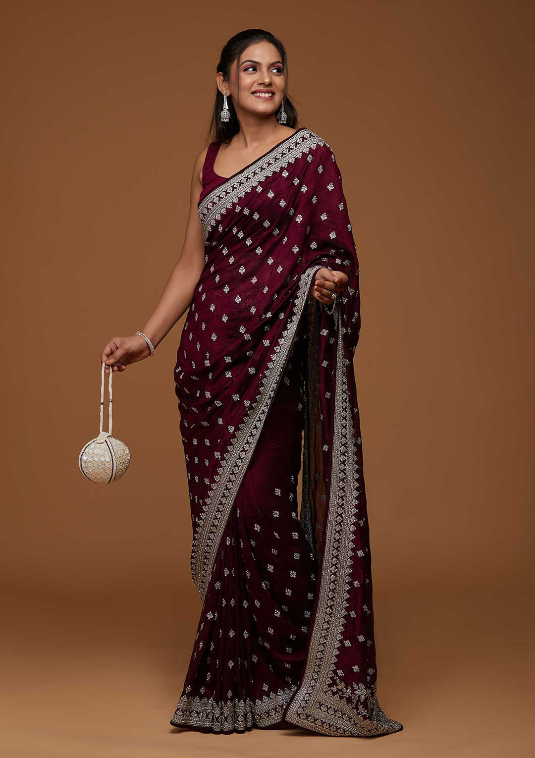 Wine Silver Zariwork Raw Silk Saree - Koskii