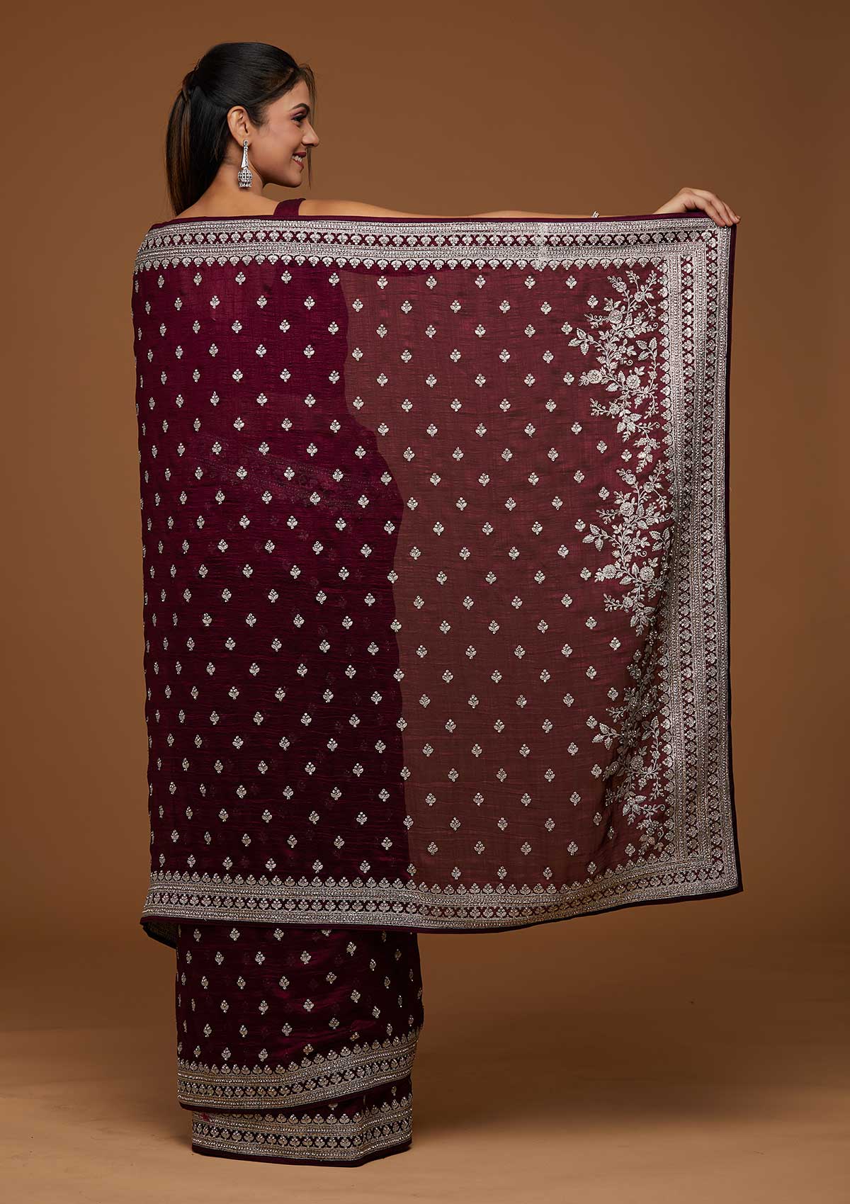 Wine Silver Zariwork Raw Silk Saree-Koskii